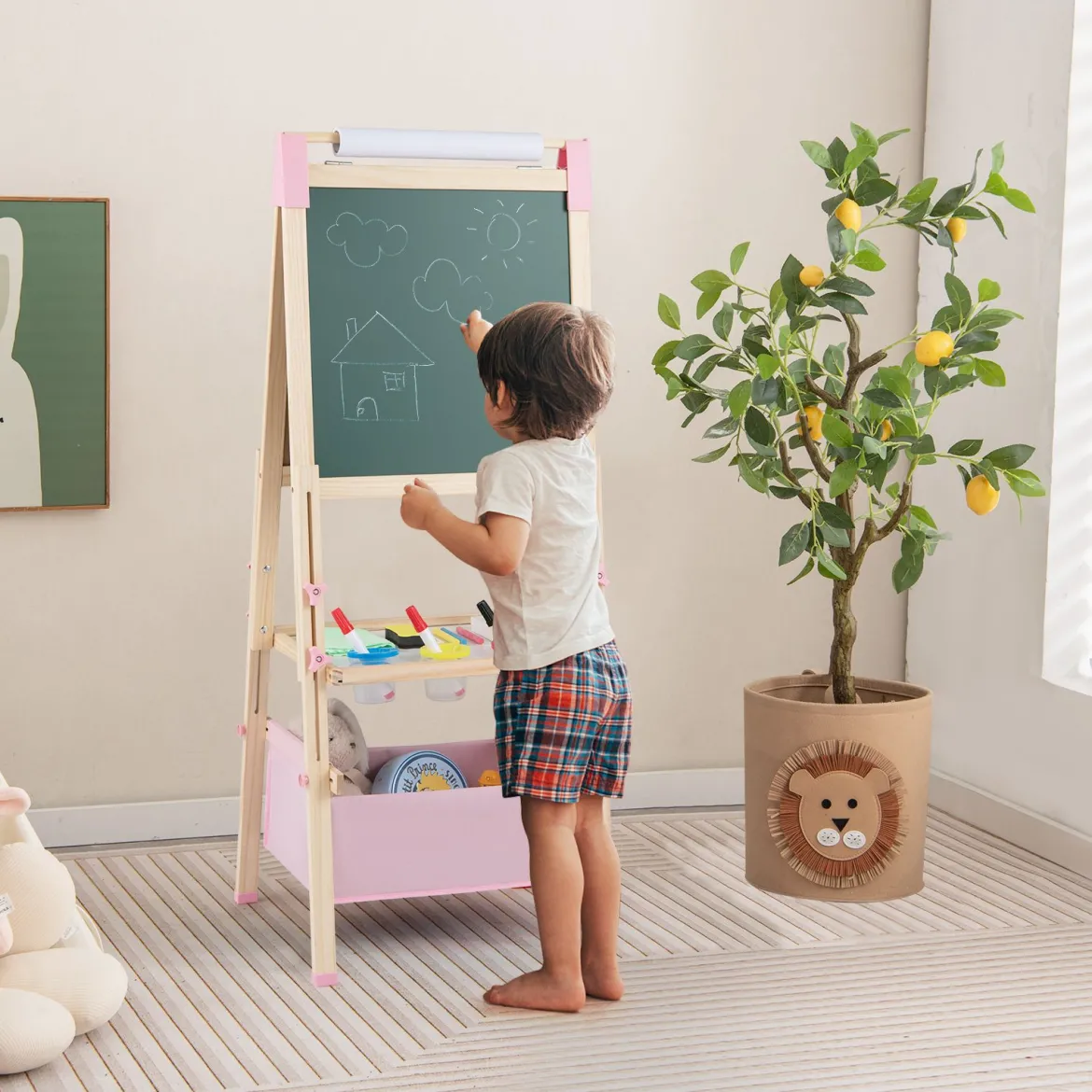 Höhenverstellbare Zeichentafel für Kinder doppelseitige Staffelei mit magnetischer Tafel Natur