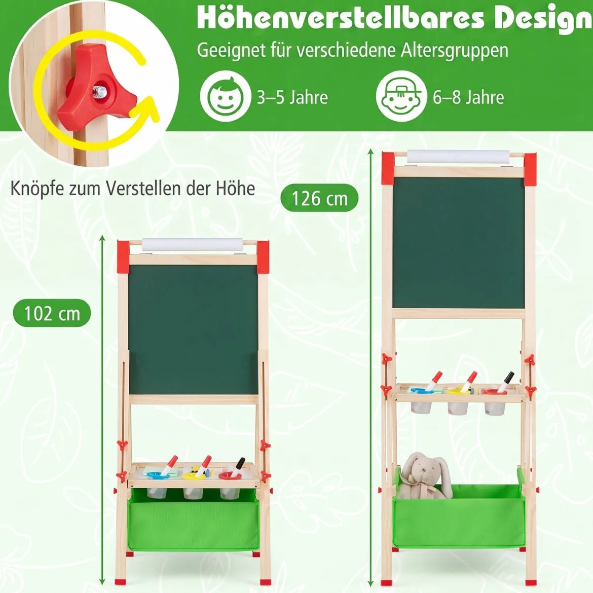 Höhenverstellbare Zeichentafel für Kinder Doppelseitige Staffelei mit Magnetischer Tafel Grün