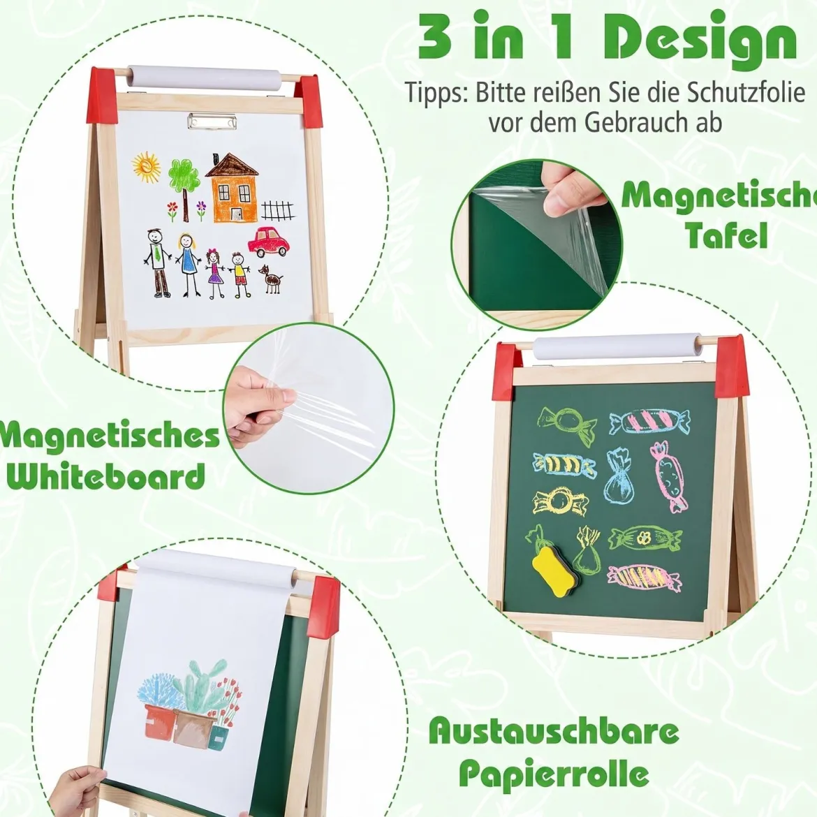 Höhenverstellbare Zeichentafel für Kinder Doppelseitige Staffelei mit Magnetischer Tafel Grün