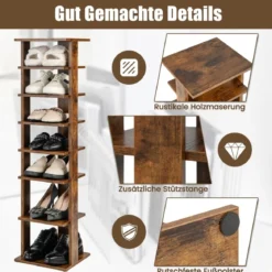 Höheverstellbarer 8 stufiger Schuhständer aus Holz Platzsparendes Schuhregal Braun