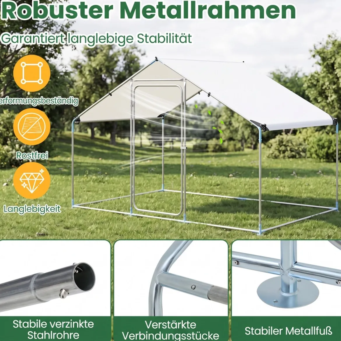 Hühnerstall aus Metall 3x2x2M Freilaufgehege mit Wasserfestem PE-Tuch & Sicherheitsschloss