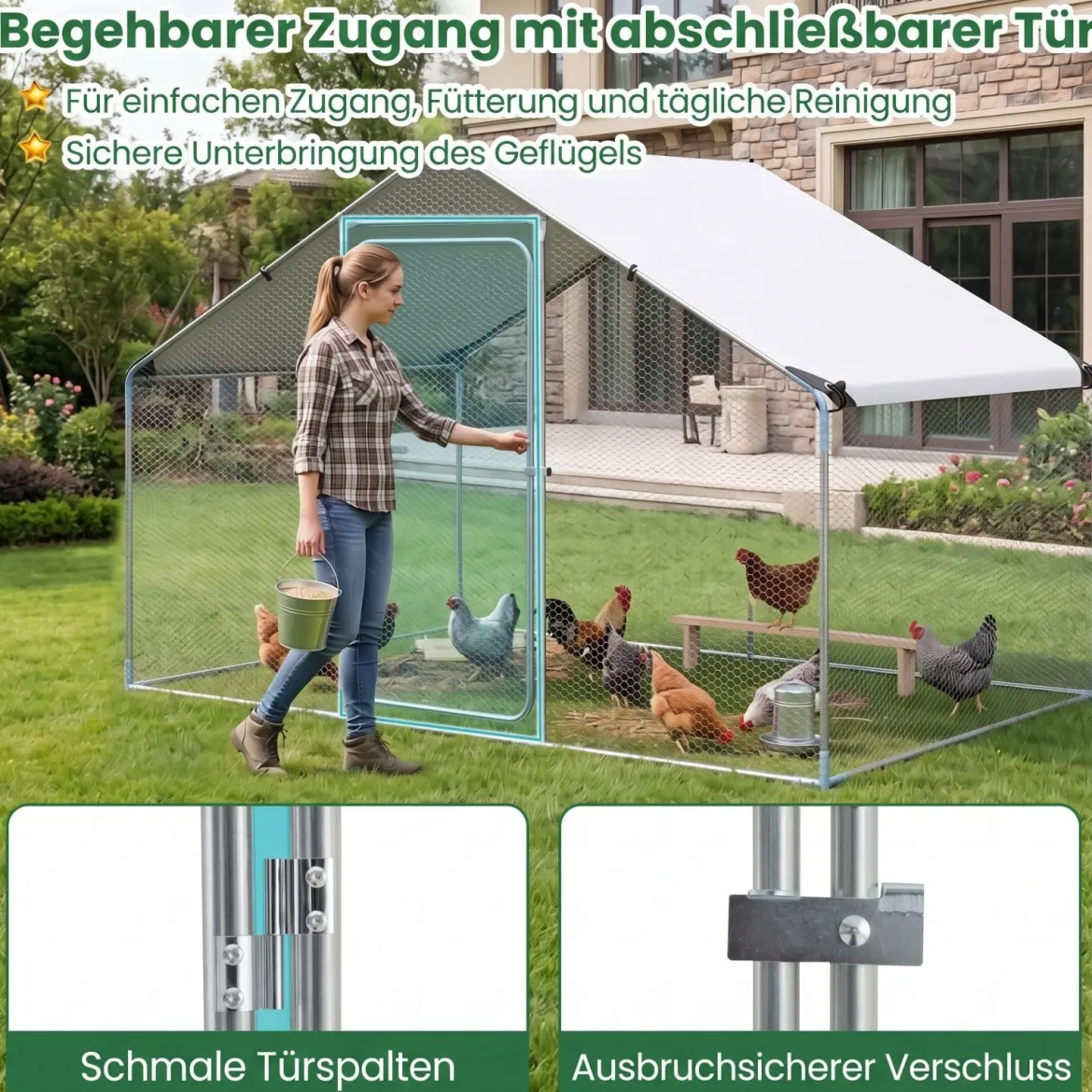 Hühnerstall aus Metall 3x2x2M Freilaufgehege mit Wasserfestem PE-Tuch & Sicherheitsschloss