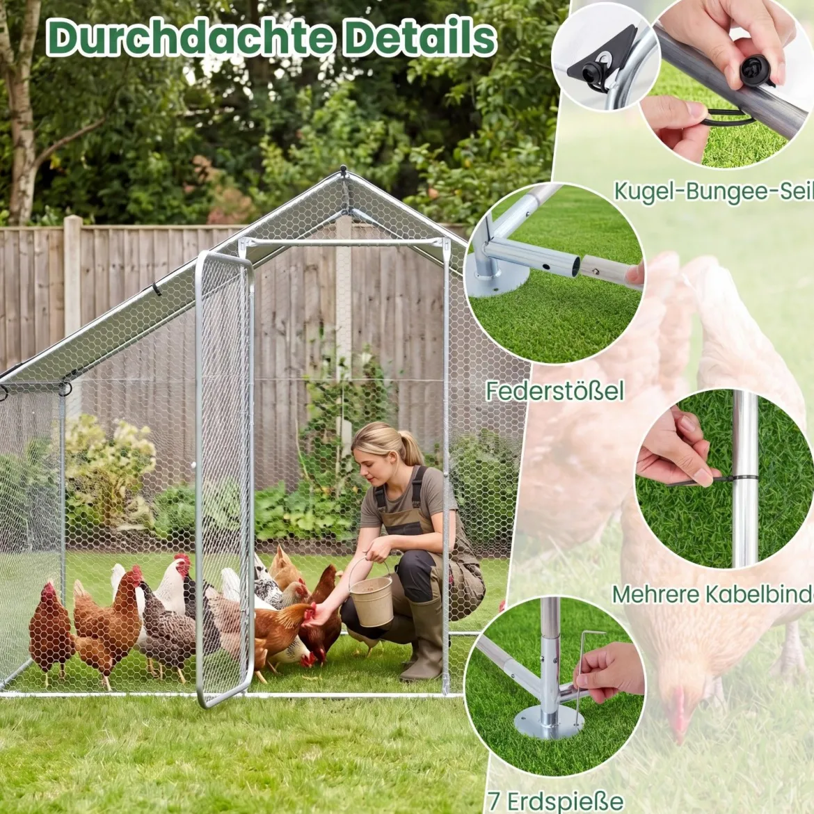 Hühnerstall aus Metall 3x2x2M Freilaufgehege mit Wasserfestem PE-Tuch & Sicherheitsschloss