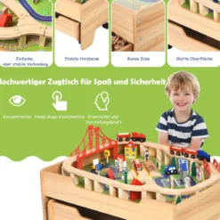 Hölzerne Kindereisenbahn Zug Holzeisenbahn set Aktivitätstisch mit Schublade 78 x 63 x 33 cm Natur