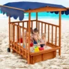 Hölzerner Sandkasten für Kinder Kinder-Spielstation mit Spielhaus Natürlich + Blau