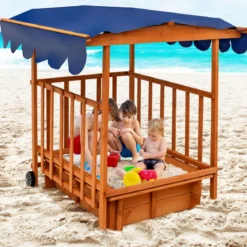 Hölzerner Sandkasten für Kinder Kinder-Spielstation mit Spielhaus Natürlich + Blau