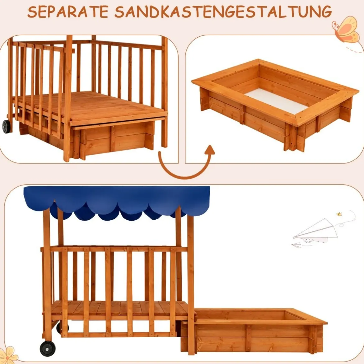 Hölzerner Sandkasten für Kinder Kinder-Spielstation mit Spielhaus Natürlich + Blau