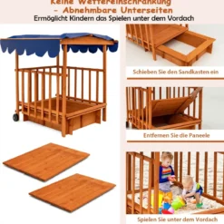 Hölzerner Sandkasten für Kinder Kinder-Spielstation mit Spielhaus Natürlich + Blau