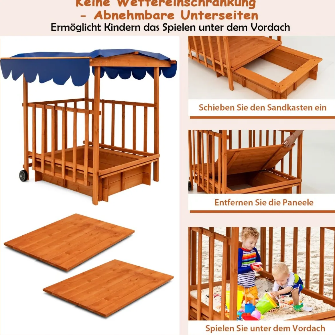Hölzerner Sandkasten für Kinder Kinder-Spielstation mit Spielhaus Natürlich + Blau