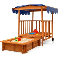 Hölzerner Sandkasten für Kinder Kinder-Spielstation mit Spielhaus Natürlich + Blau