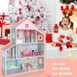 Hölzernes Puppenhaus mit 8-teiligem Möbelset für Kinder ab 3 Jahren 71 x 23,5 x 87 cm