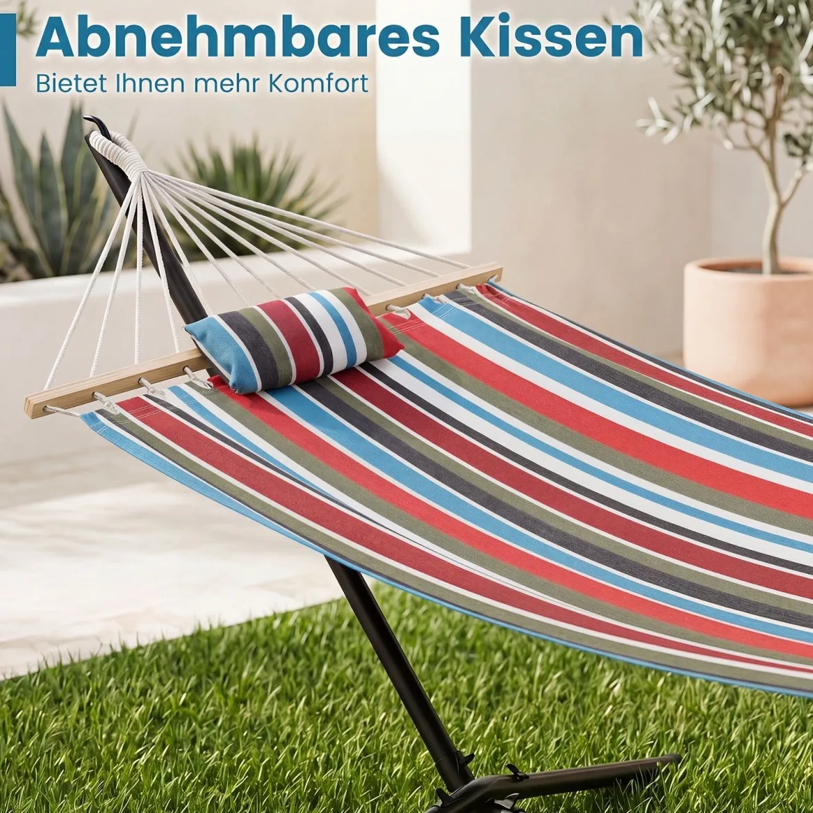 Hängematte mit Gestell Stabhängematte mit Abnehmbarem Kissen Holzspreizstäben & Tragetasche