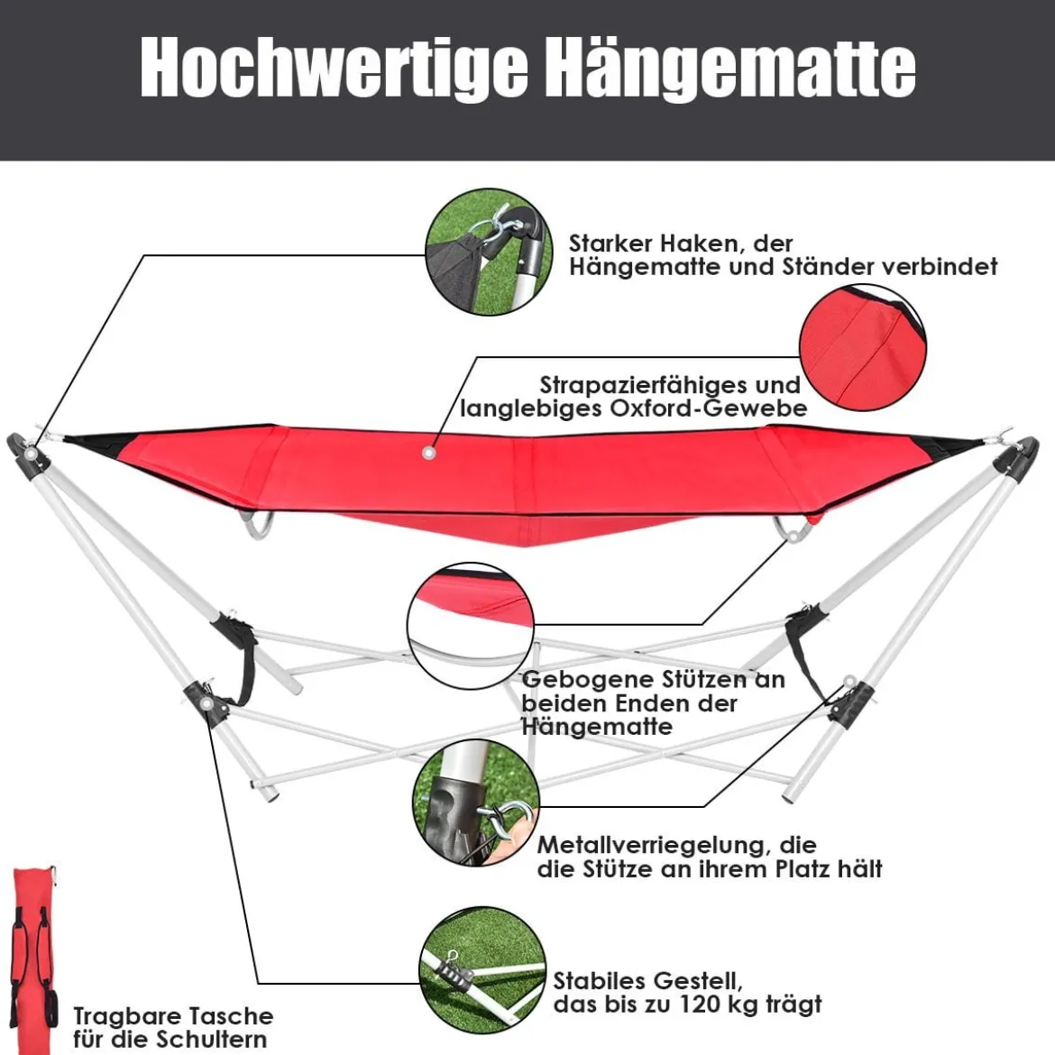Hängematte mit klappbar Gestell Hängemattengestell 240 x 80 x 73 cm Rot