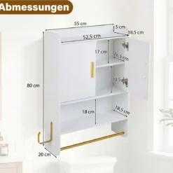 Hängender Badezimmerschrank 2 Türen Ablagen Handtuchhalter Verstellbar 55x20x80 cm Weiß