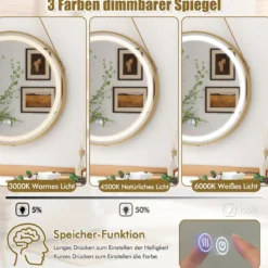 Hängender Badezimmerspiegel Touch-Schalter Antibeschlagfunktion hängend oder mit Aufhängegurt an der Wand