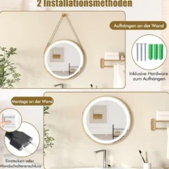Hängender Badezimmerspiegel Touch-Schalter Antibeschlagfunktion hängend oder mit Aufhängegurt an der Wand