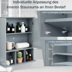 Hängeschrank Badhängeschrank mit verstellbarem Einlegeboden 50 x 16 x 61 cm Grau