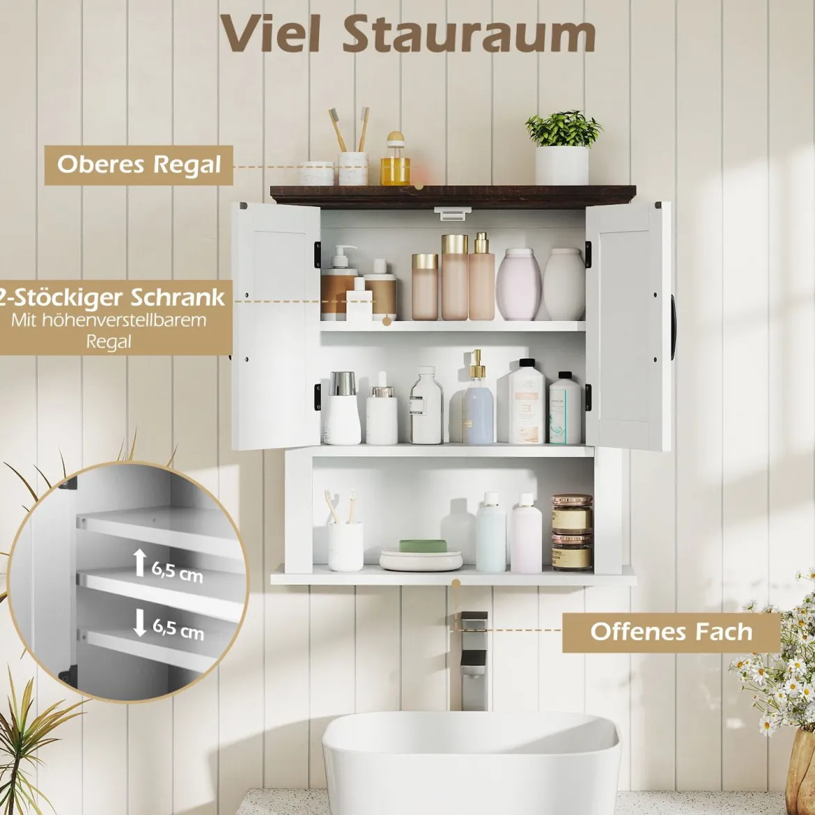 Hängeschrank mit Verstellbaren Ablagen & Türen & Offenem Aufbewahrungsfach Wandschrank Weiß