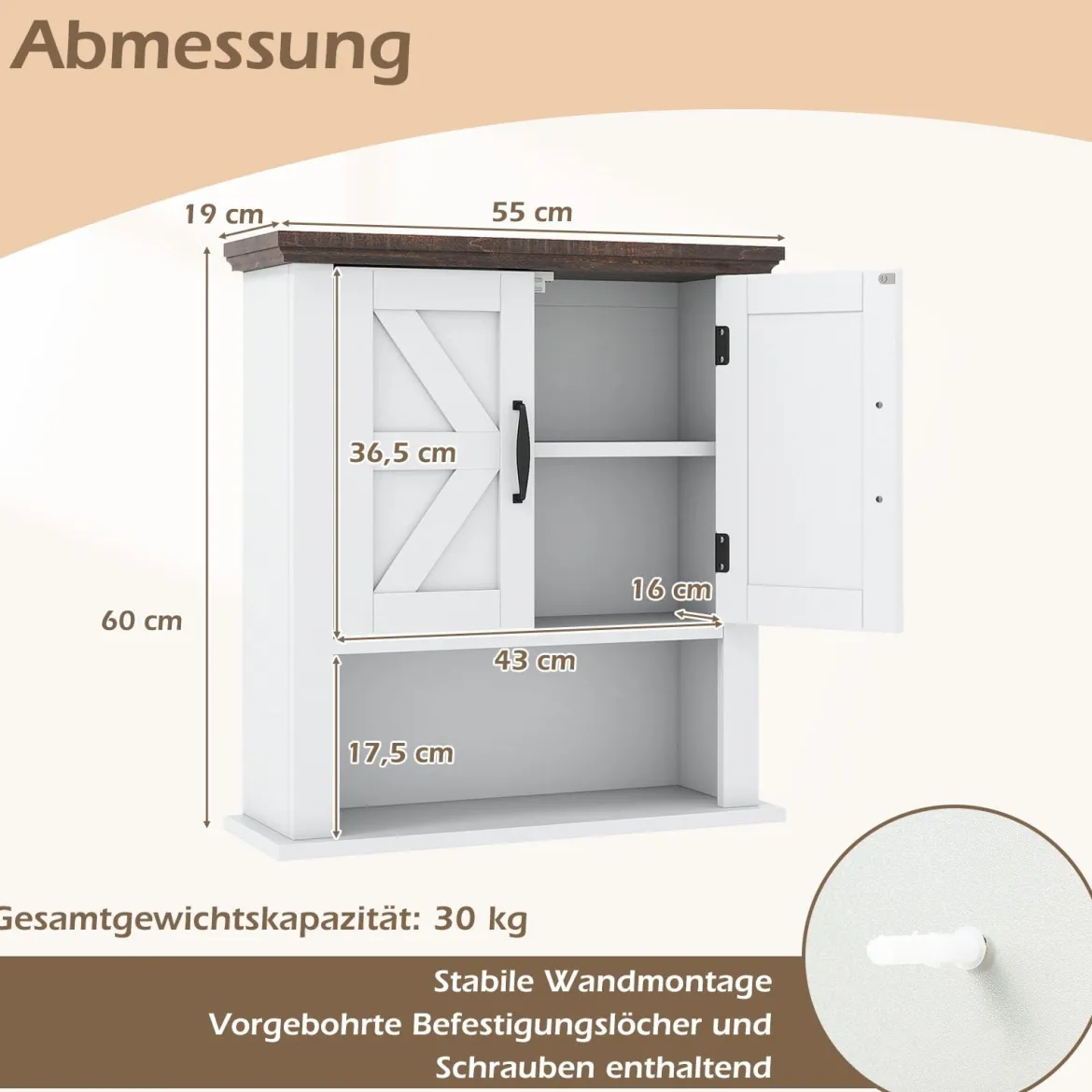 Hängeschrank mit Verstellbaren Ablagen & Türen & Offenem Aufbewahrungsfach Wandschrank Weiß
