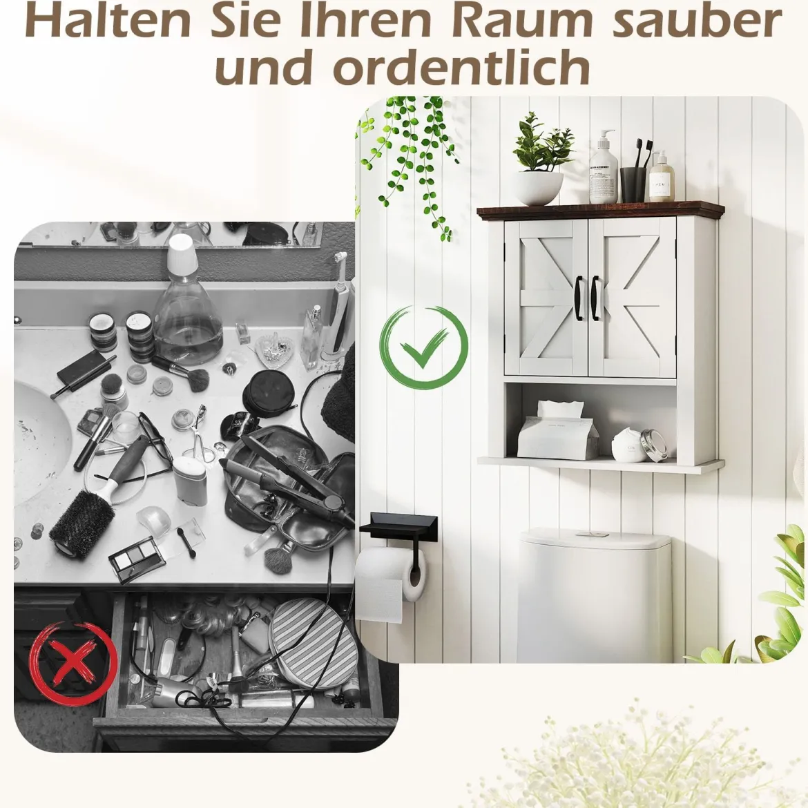 Hängeschrank mit Verstellbaren Ablagen & Türen & Offenem Aufbewahrungsfach Wandschrank Weiß