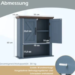 Hängeschrank mit Verstellbaren Ablagen & Türen & Offenem Aufbewahrungsfach Wandschrank Blau