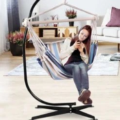 Hängesessel Ø50cm Hängeschaukel Hängestuhl mit 2 Kissen bis 120 kg Beige
