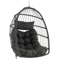 Hängesessel Faltbarer Hängekorb Sessel aus PE-Rattan mit weichem Kissen Grau