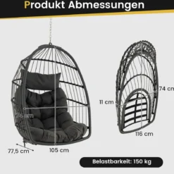Hängesessel Faltbarer Hängekorb Sessel aus PE-Rattan mit weichem Kissen Grau
