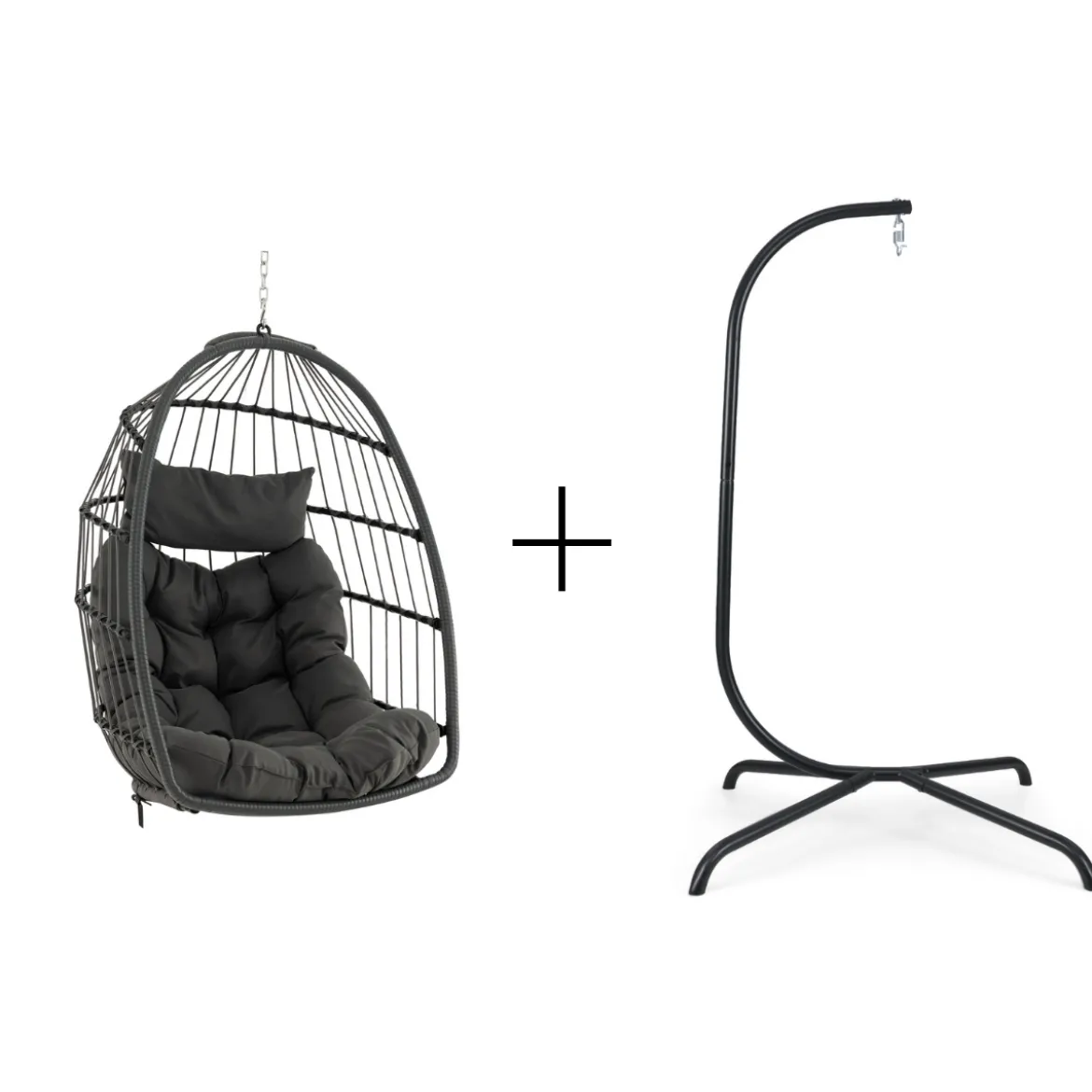Hängesessel + Hängesesselgestell Set PE-Rattan Hängekorb Sessel Metall Gestell
