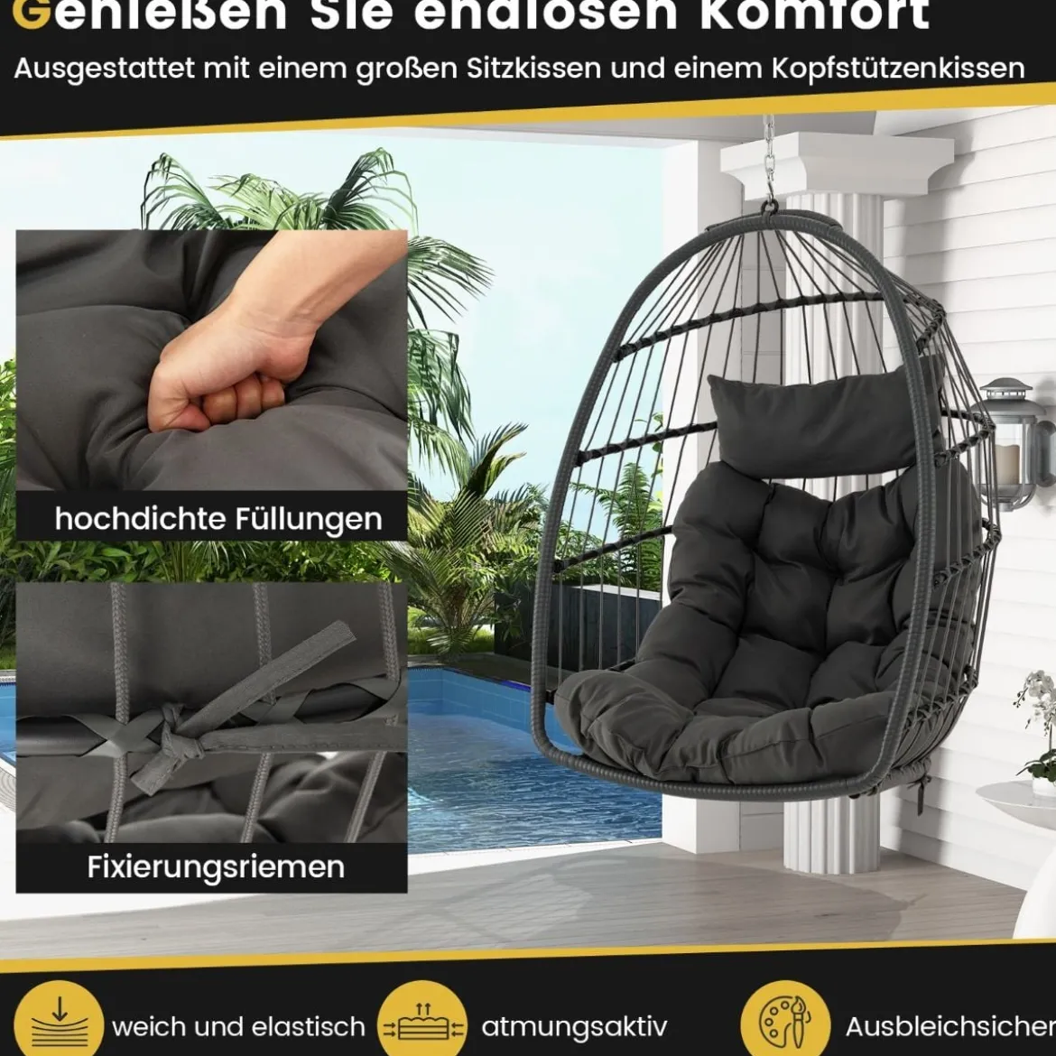Hängesessel + Hängesesselgestell Set PE-Rattan Hängekorb Sessel Metall Gestell