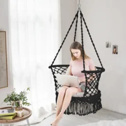 Hängesessel Makramee Hängestuhl Hängesitz Hängeschaukel Swing Sessel 160 kg Tragkraft Schwarz