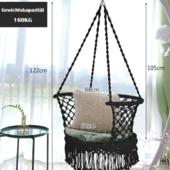 Hängesessel Makramee Hängestuhl Hängesitz Hängeschaukel Swing Sessel 160 kg Tragkraft Schwarz