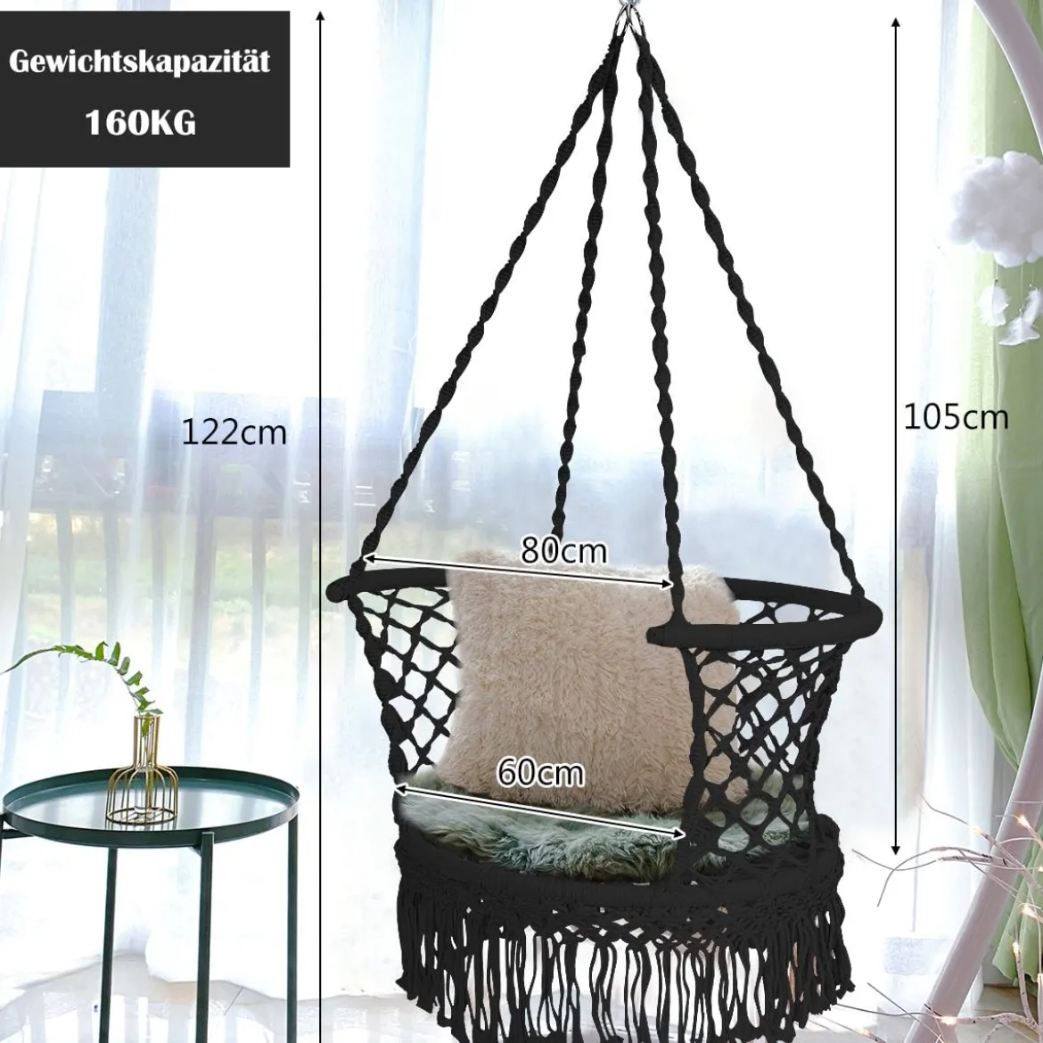 Hängesessel Makramee Hängestuhl Hängesitz Hängeschaukel Swing Sessel 160 kg Tragkraft Schwarz