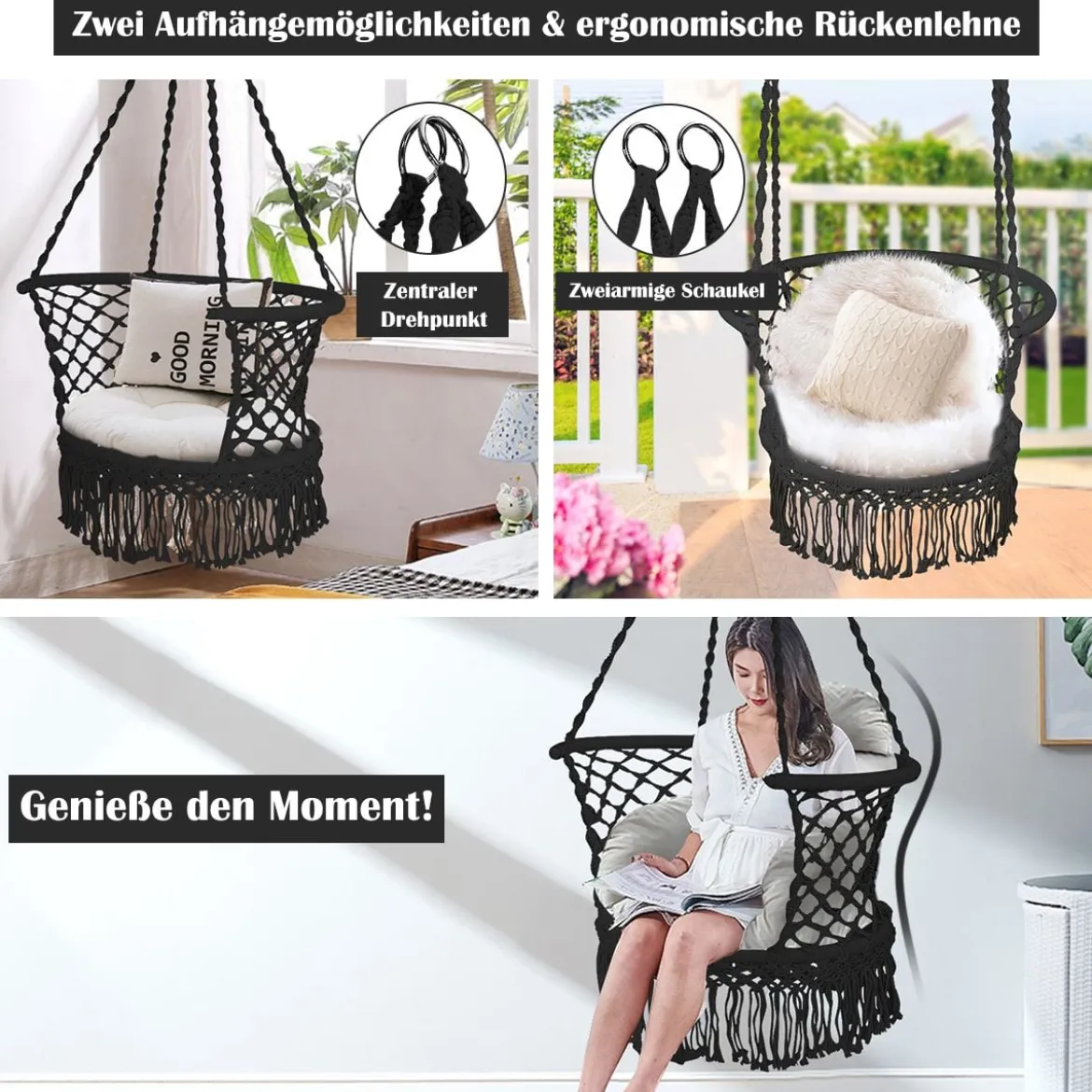 Hängesessel Makramee Hängestuhl Hängesitz Hängeschaukel Swing Sessel 160 kg Tragkraft Schwarz