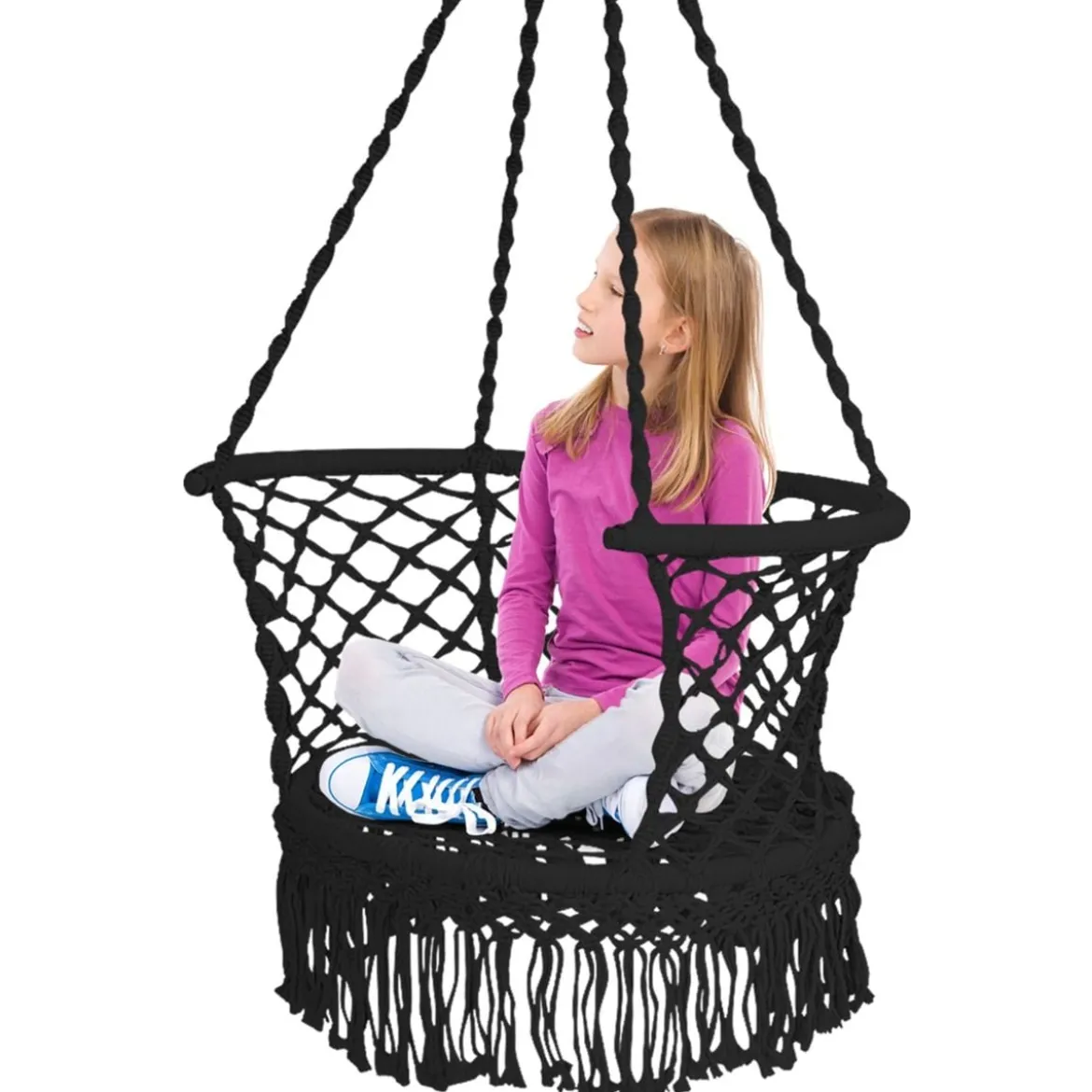 Hängesessel Makramee Hängestuhl Hängesitz Hängeschaukel Swing Sessel 160 kg Tragkraft Schwarz
