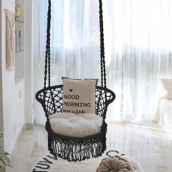 Hängesessel Makramee Hängestuhl Hängesitz Hängeschaukel Swing Sessel 160 kg Tragkraft Schwarz