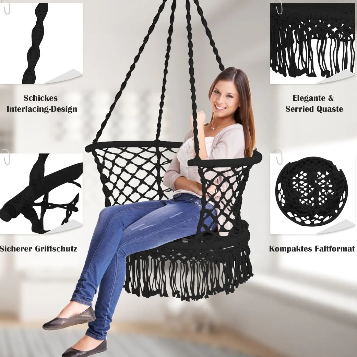 Hängesessel Makramee Hängestuhl Hängesitz Hängeschaukel Swing Sessel 160 kg Tragkraft Schwarz