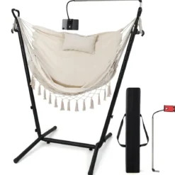 Hängesessel mit Ständer höhenverstellbarer Hängesitz mit Kissen 152 x 107 x 96–146 cm Tragbarkeit bis zu 250 kg Beige