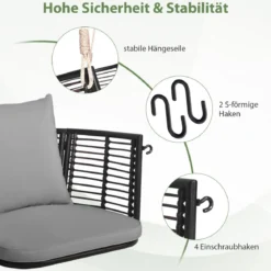 Hängesessel Rattan bis 180kg belastbar Hängesitz mit Kissens & Metallrahmen
