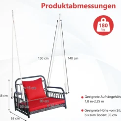 Hängesessel Terrassenschaukel bis 180kg belastbar Hängesitz mit Sitz- & Rückenkissen 80 x 65 x 58 cm