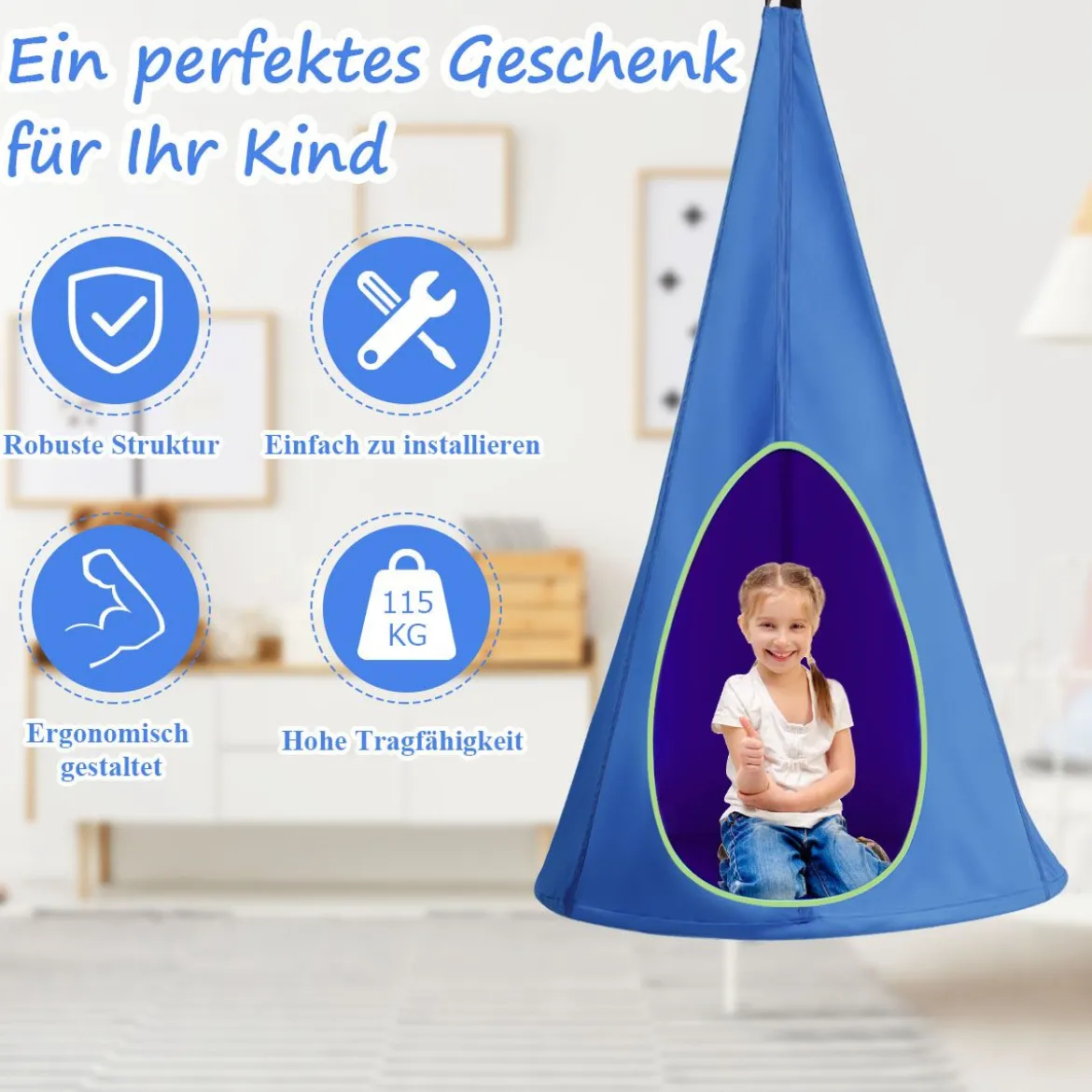 Hängezelt Hängehöhle Hängesessel Kinder Fly Schaukel Kinder Hängehöhle Hängesessel 80x80x140cm Blau