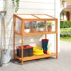 Hochbeet aus Holz Frühbeetaufsatz mit transparentem & aufklappbarem Dach Gewächshaus Orange 90 x 50,5 x 105 cm
