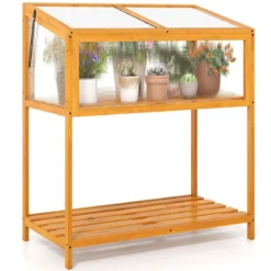 Hochbeet aus Holz Frühbeetaufsatz mit transparentem & aufklappbarem Dach Gewächshaus Orange 90 x 50,5 x 105 cm