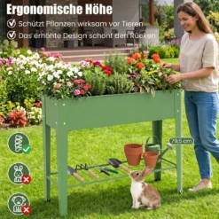 Hochbeet Metall Erhöhter Blumenkasten mit Stützbeinen Pflanzkasten mit Ablage & Abflussloch 95 x 31 x 80 cm