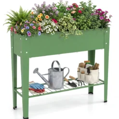 Hochbeet Metall Erhöhter Blumenkasten mit Stützbeinen Pflanzkasten mit Ablage & Abflussloch 95 x 31 x 80 cm