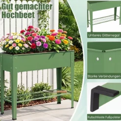 Hochbeet Metall Erhöhter Blumenkasten mit Stützbeinen Pflanzkasten mit Ablage & Abflussloch 95 x 31 x 80 cm