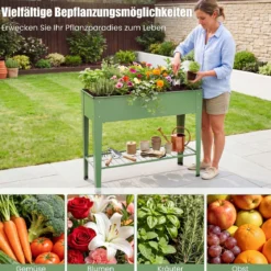 Hochbeet Metall Erhöhter Blumenkasten mit Stützbeinen Pflanzkasten mit Ablage & Abflussloch 95 x 31 x 80 cm