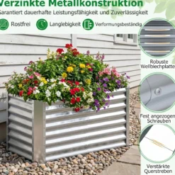 Hochbeet Metall Rechteckiger Pflanzkasten aus Verzinktem Blech mit Offenem Boden 119,5 x 61,5 x 60,5 cm