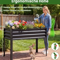 Hochbeet mit Beinen aus Metall Erhöhtes Gartenbeet Stabiler Pflanzkasten für Balkon Terrasse & Garten Schwarz/Grau/Silber
