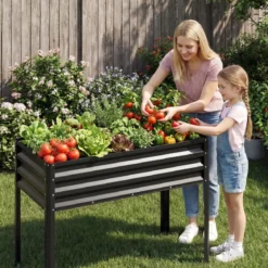 Hochbeet mit Beinen aus Metall Erhöhtes Gartenbeet Stabiler Pflanzkasten für Balkon Terrasse & Garten Schwarz/Grau/Silber